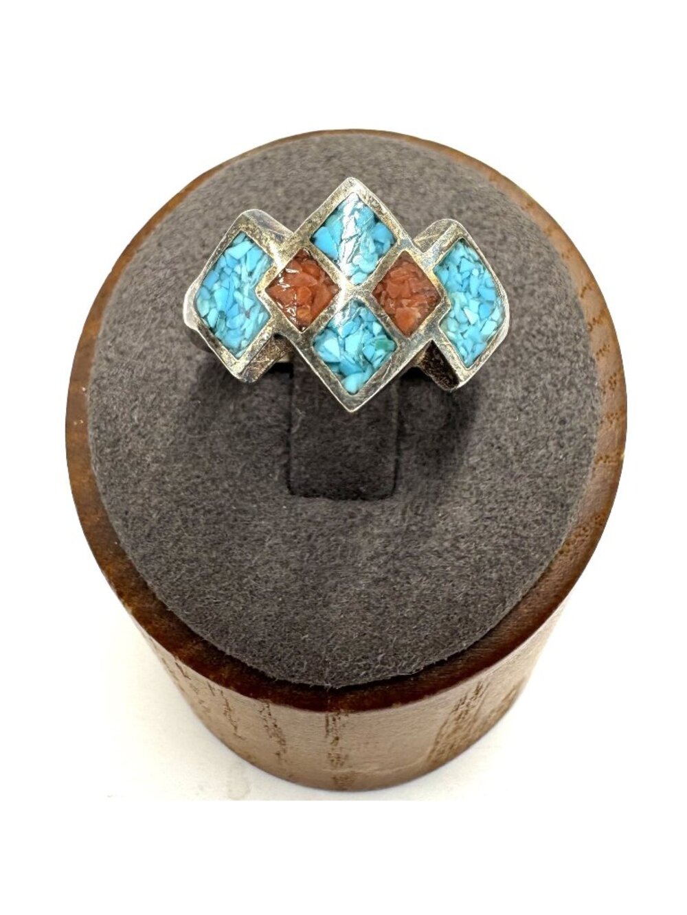 VTG Sterling Silver 925 Navajo Turquoise & Coral Statement Ring Size 7